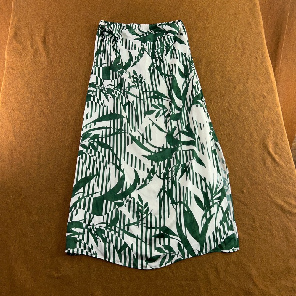 Bella Dahl Womens Medium Green White Tropical Silk Blend Maxi Skirt New